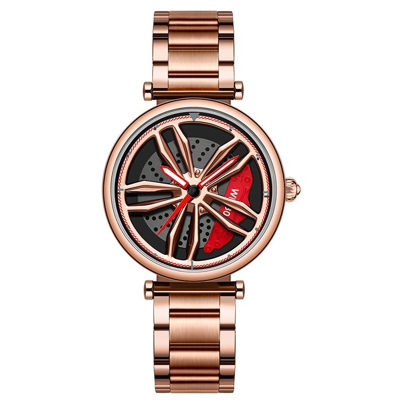 Women Steel Belt Quartz Watch with 3d Hollow out Wheel Design - Rose Gold