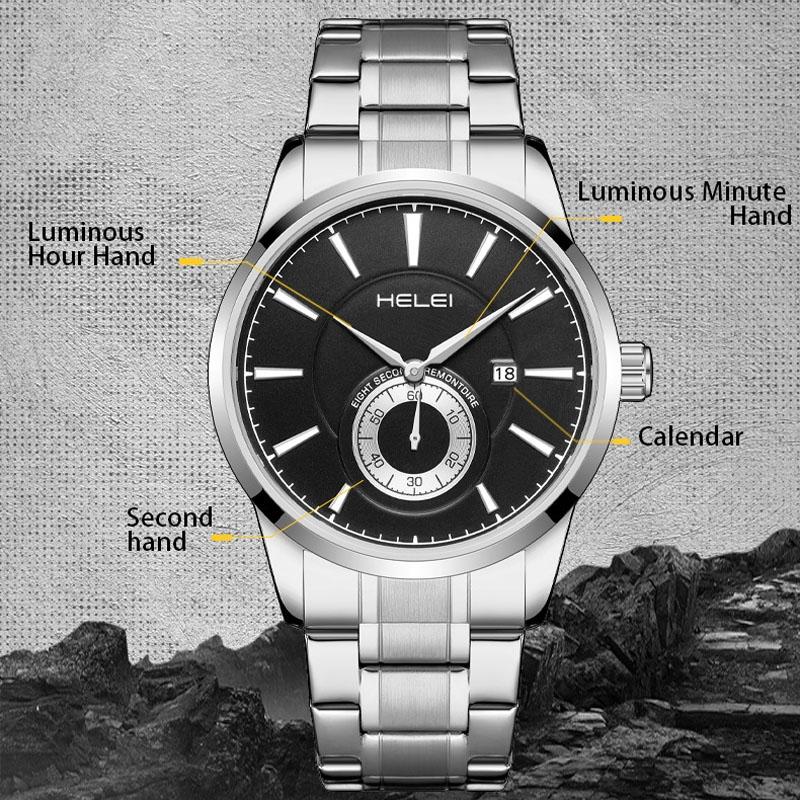 Waterproof Men Quartz Watch with Night Light - H9009b-g - Silver Black