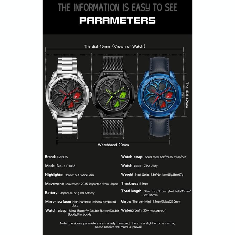 Men Mesh Belt Quartz Watch with 3d Hollow out Wheel - Blue Red