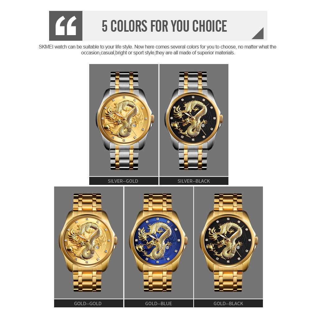 Men Golden Dragon Calendar Dial Quartz Watch with Luminous Hands - Gold Blue