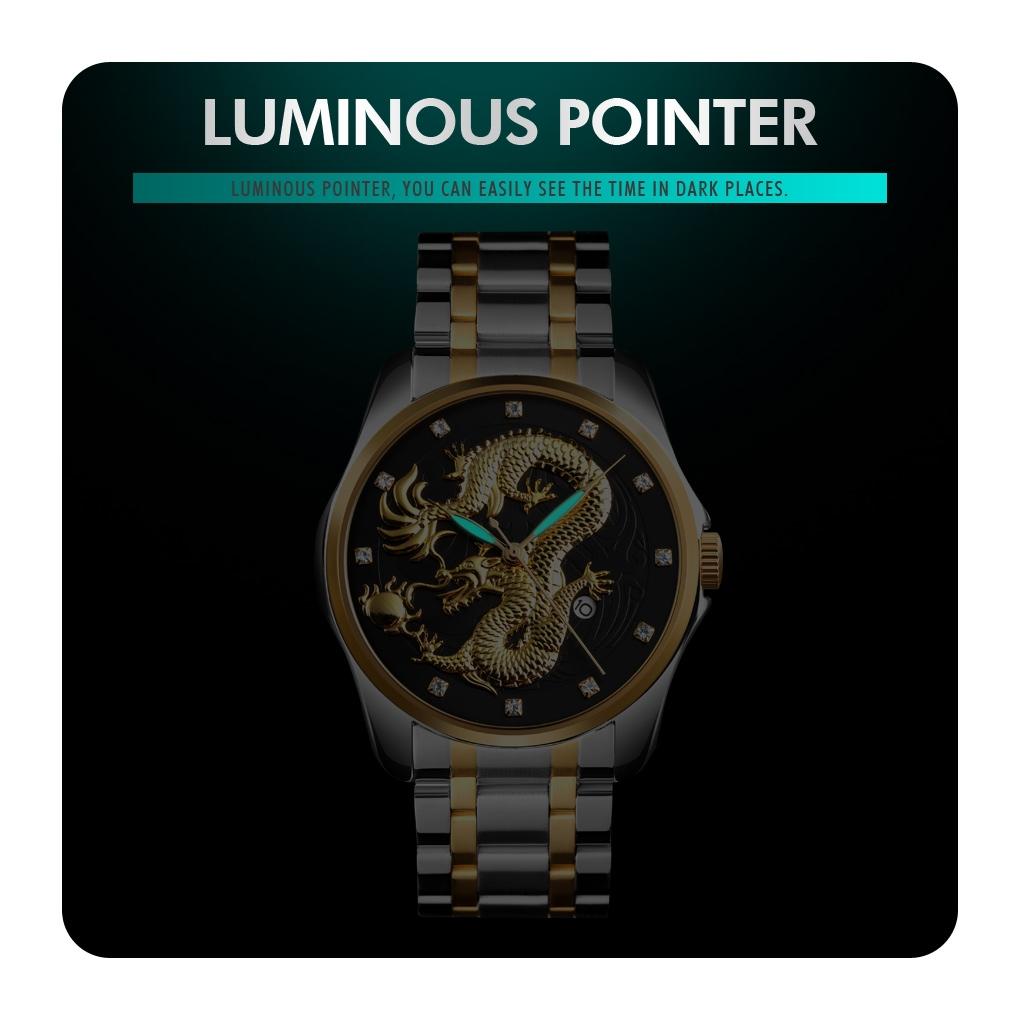 Men Golden Dragon Calendar Dial Quartz Watch with Luminous Hands - Gold Blue