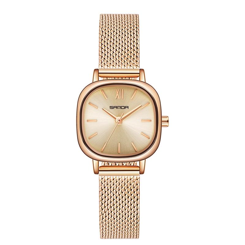 Women Oval Dial Quartz Watch with Simple Bar Scale - Mesh Belt Rose Gold