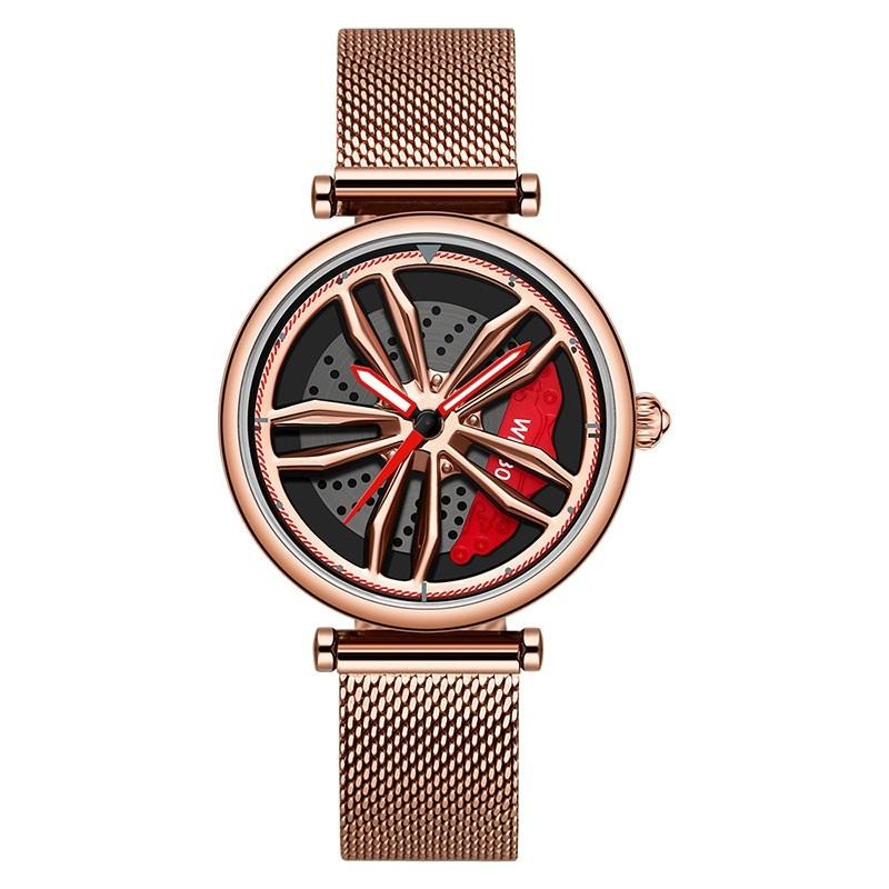 Women Quartz Watch with 3d Hollow out Wheel Design - Silver Red