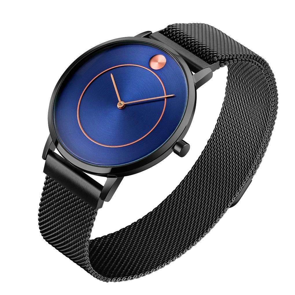 Women Metal Mesh Quartz Watch with Non-scale Dial - Black Shell Blue Surface