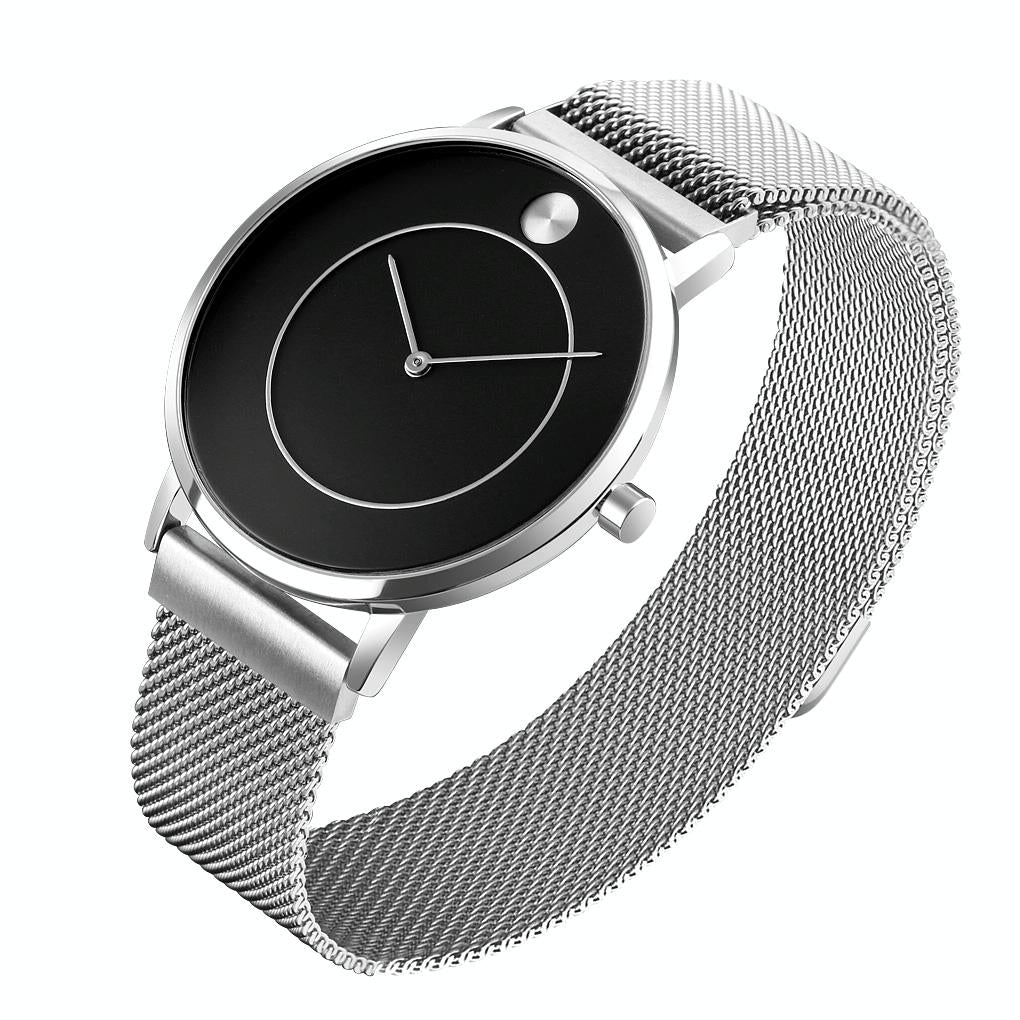 Women Metal Mesh Quartz Watch with Non-scale Dial - Black Shell Blue Surface