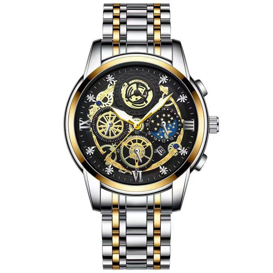 Waterproof Luminous Quartz Watch with Multifunctional Design - Inter-Gold Black Surface