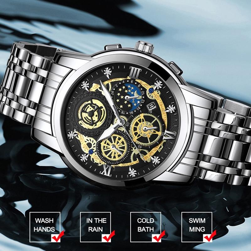 Waterproof Luminous Quartz Watch with Multifunctional Design - Inter-Gold Black Surface