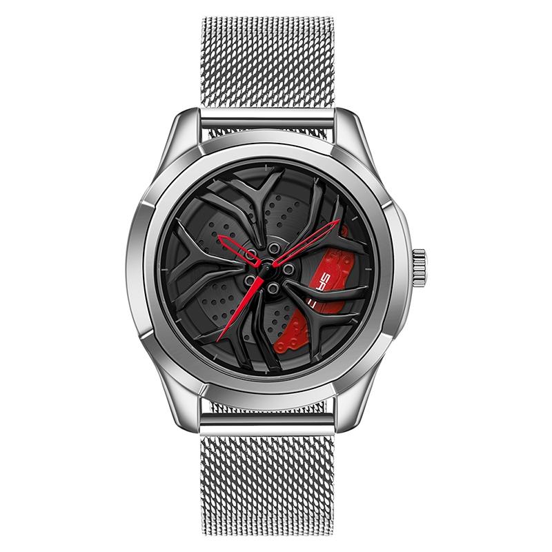 Men Mesh Belt Quartz Watch with 3d Hollow out Wheel - Silver Red