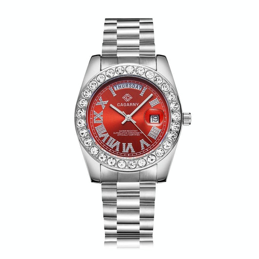 Men Quartz Watch with Diamond-encrusted Roman Numeral Dial - Silver Shell Red Dial