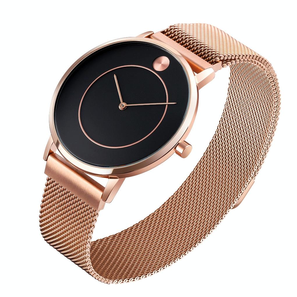 Women Metal Mesh Quartz Watch with Non-scale Dial - Black Shell Black Surface