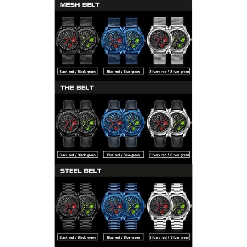 Men Mesh Belt Quartz Watch with 3d Hollow out Wheel - Silver Green