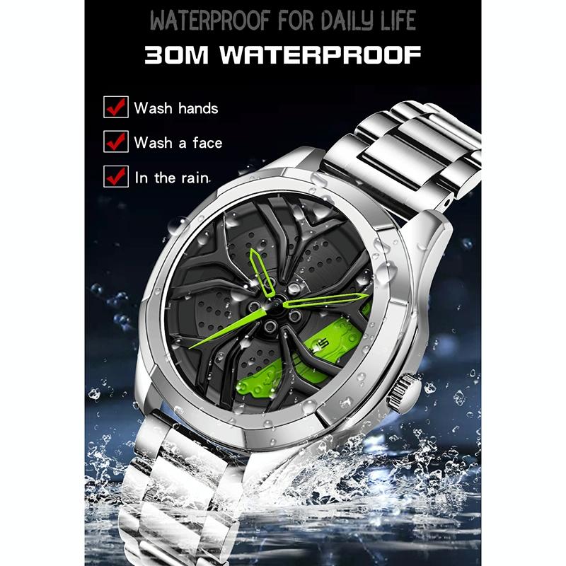 Men Mesh Belt Quartz Watch with 3d Hollow out Wheel - Silver Green