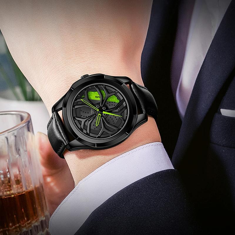Men Mesh Belt Quartz Watch with 3d Hollow out Wheel - Silver Green