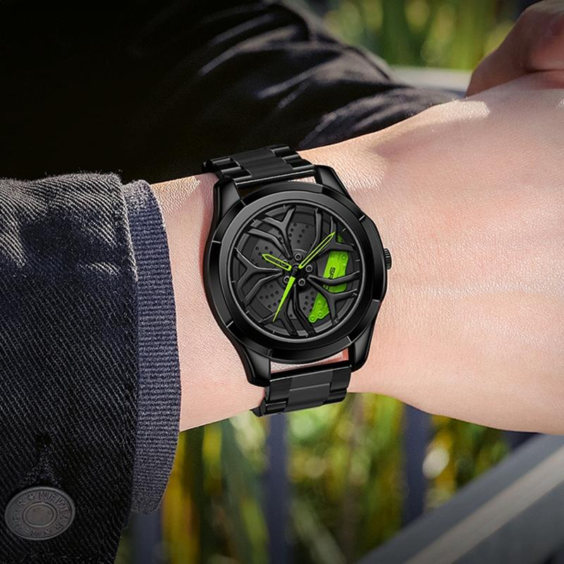 Men Mesh Belt Quartz Watch with 3d Hollow out Wheel - Silver Green