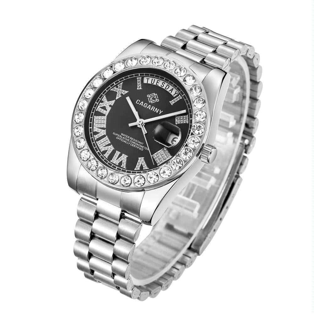 Men Quartz Watch with Diamond-encrusted Roman Numeral Dial - Silver Shell Black Dial