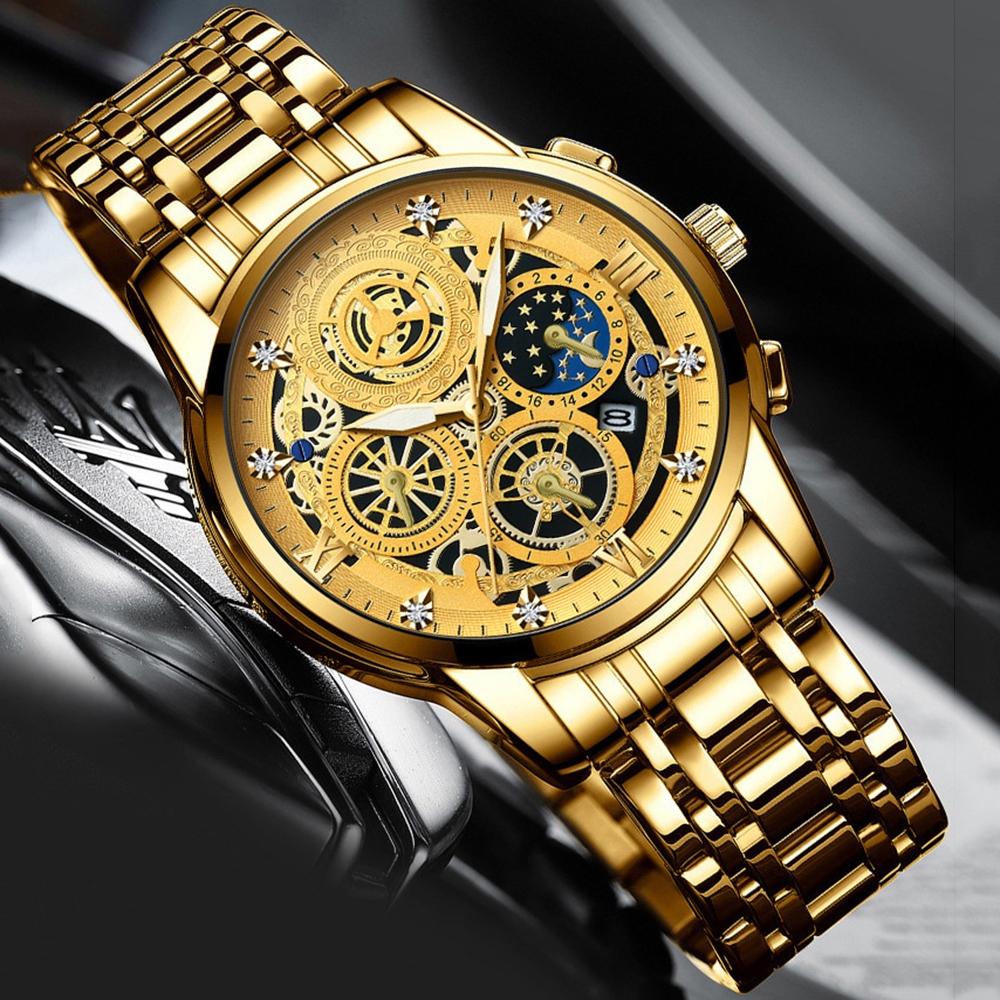 Waterproof Luminous Quartz Watch with Multifunctional Design - Inter-Gold White Surface