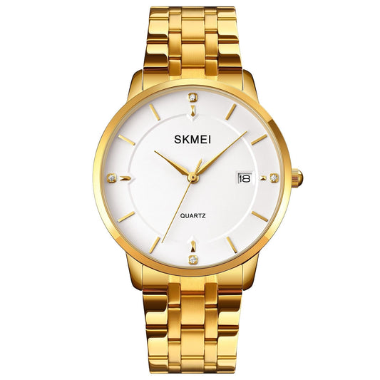 Men Casual Quartz Watch with Calendar - 1801 - Golden Steel Belt