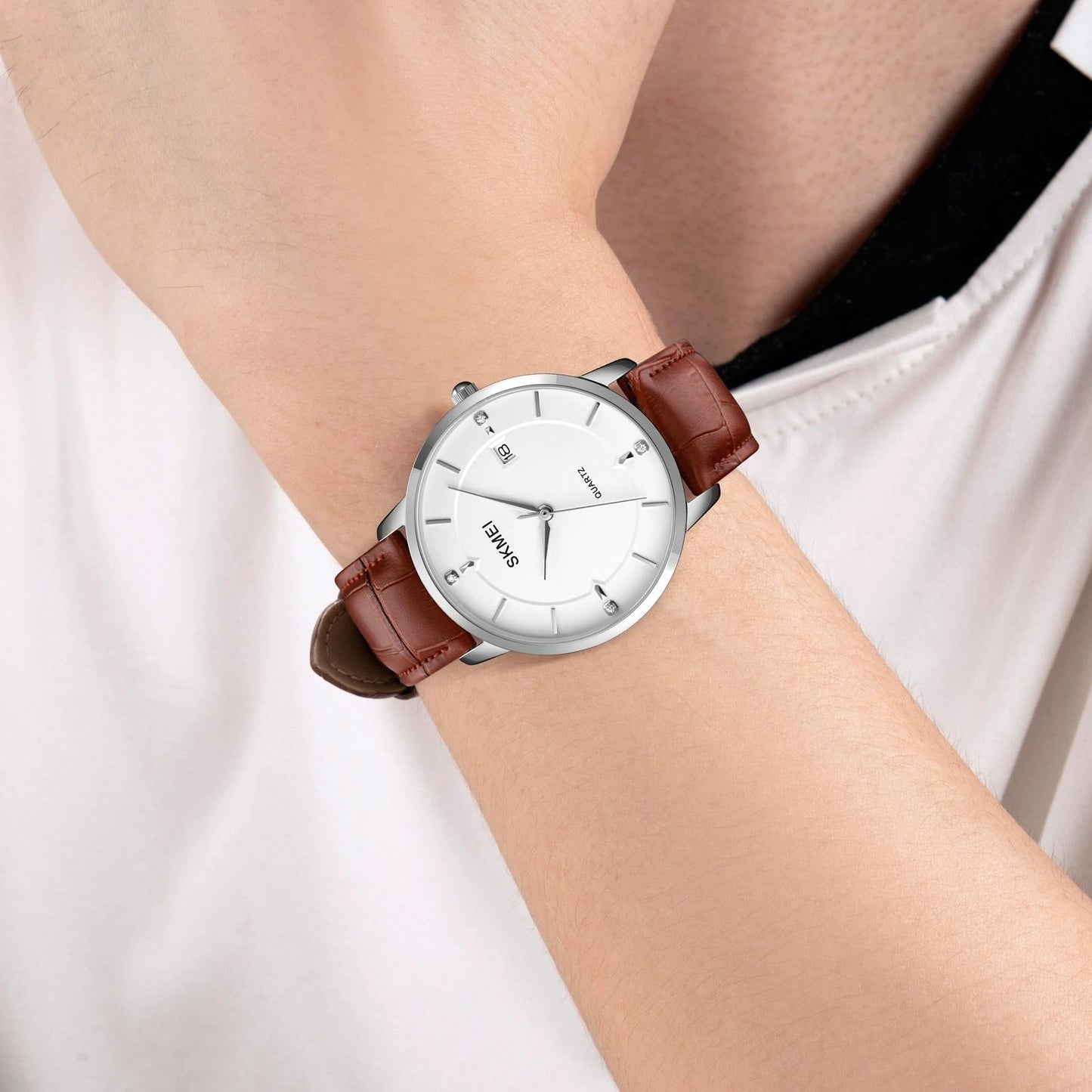 Men Casual Quartz Watch with Calendar - 1801 - Silver Steel Belt