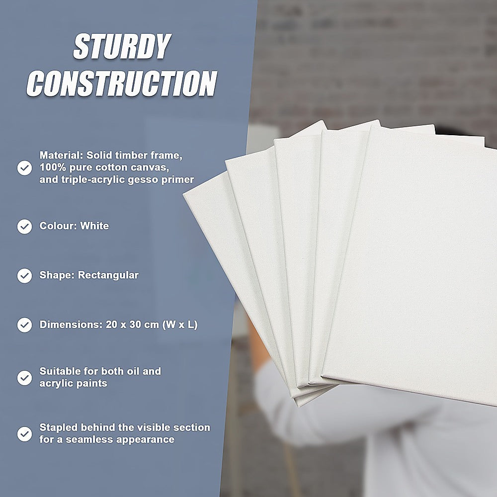 5 pack of 20x30cm Artist Blank Stretched Canvas Canvases Art Large White Range Oil Acrylic Wood