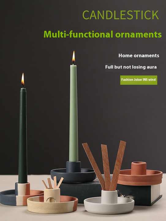 2 Pcs Blue, White And Orange Stitching Straight Bottom Nordic Ceramic Candle Holder with Jewelry Dish - Elegant Minimalist Home Decor Piece