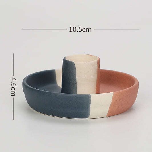 2 Pcs Blue, White And Orange Stitching Oval Bottom Nordic Ceramic Candle Holder with Jewelry Dish - Elegant Minimalist Home Decor Piece