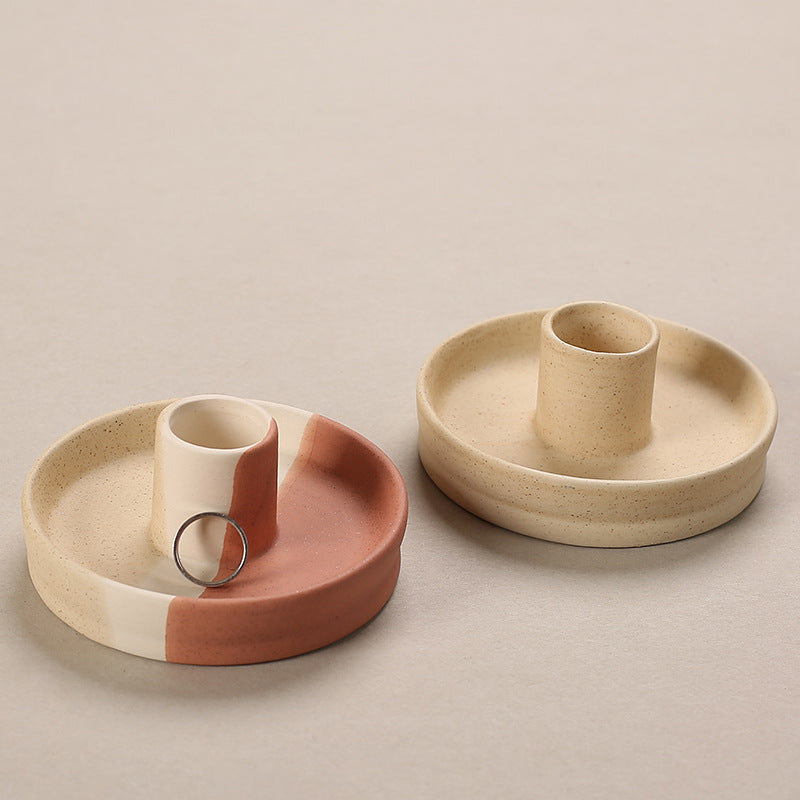 2 Pcs Yellow, White And Orange Stitching Straight Bottom Nordic Ceramic Candle Holder with Jewelry Dish - Elegant Minimalist Home Decor Piece