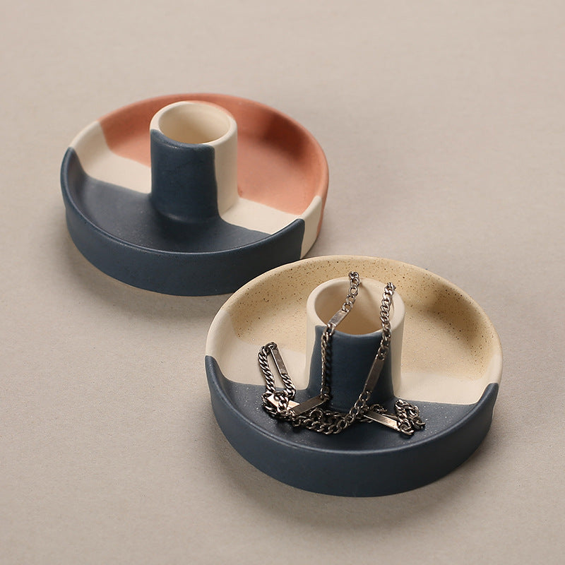 2 Pcs Yellow, White And Orange Stitching Straight Bottom Nordic Ceramic Candle Holder with Jewelry Dish - Elegant Minimalist Home Decor Piece
