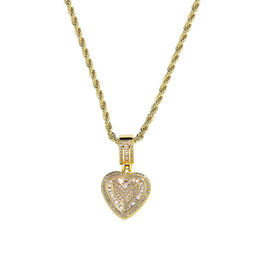 Iced Out Heart Pendant Necklace - 5A+ CZ Stones, 14K Gold Plated with Rope Chain(gold)