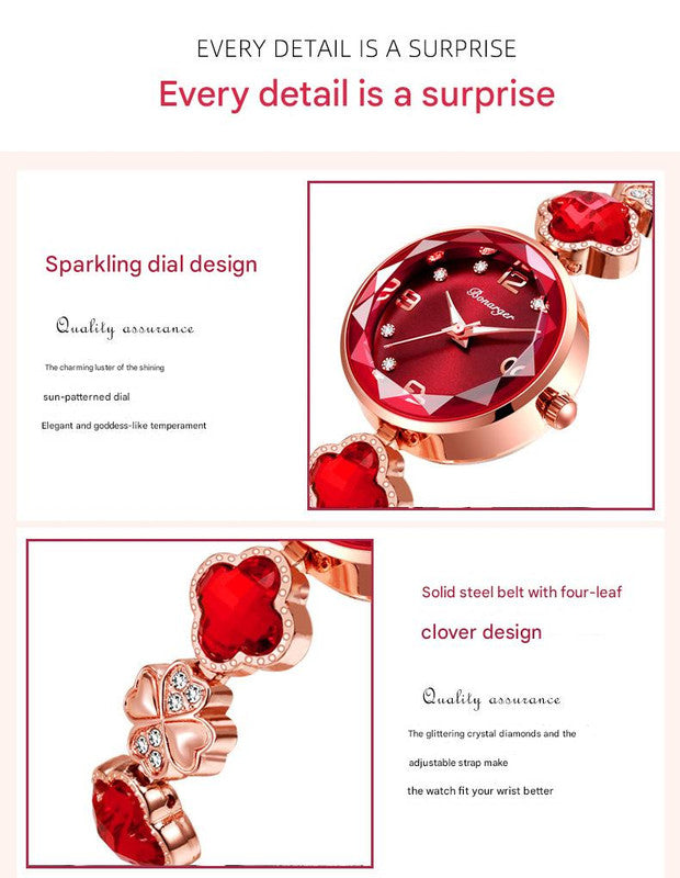 Red Women's Four-Leaf Clover Quartz Watch with Red Dial and Crystal Accents