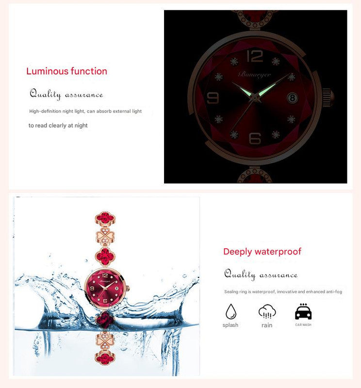 Blue Women's Four-Leaf Clover Quartz Watch with Red Dial and Crystal Accents
