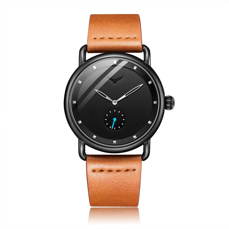 Brown belt black surface Elegant Men's Watch with Leather Band - Small Seconds, Onion Crown Detail
