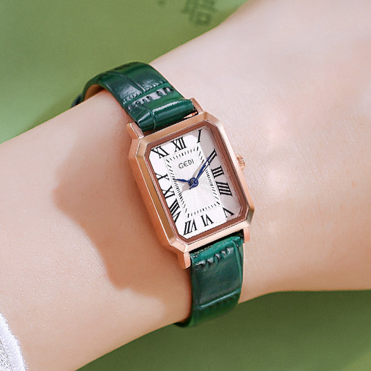 Rose gold shell, white plate, green belt Ladies Quartz Watch - Classic Rectangular, Leather Band