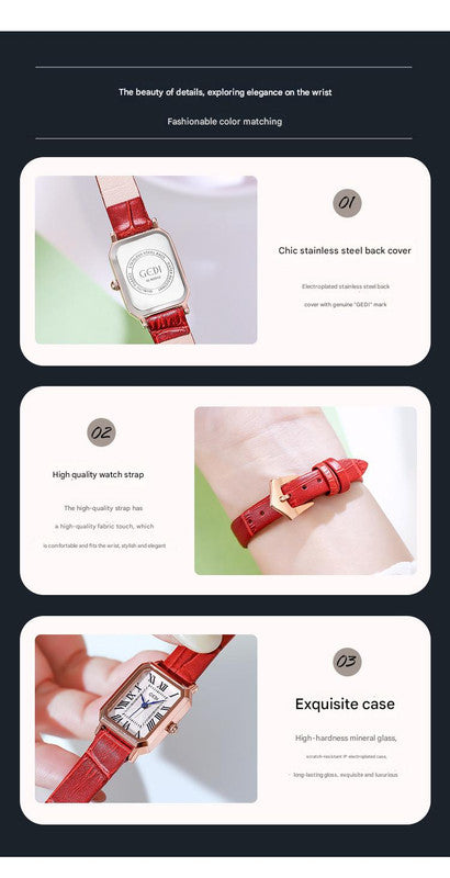 Rose gold shell, white plate, green belt Ladies Quartz Watch - Classic Rectangular, Leather Band