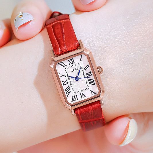 Rose gold case, white plate, red belt Ladies Quartz Watch - Classic Rectangular, Leather Band