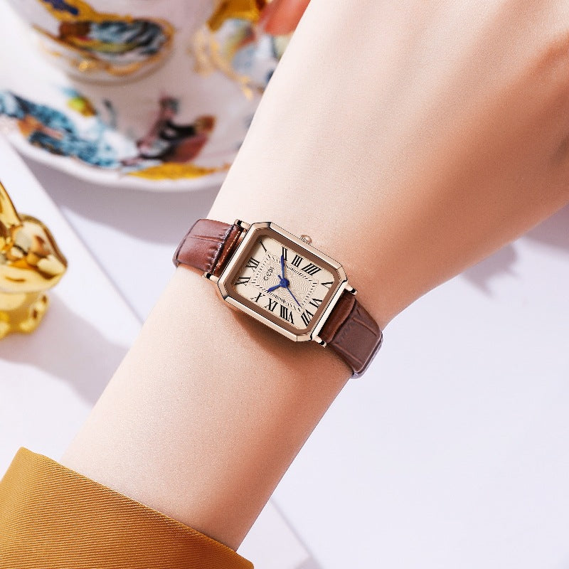 Rose gold case, white plate, red belt Ladies Quartz Watch - Classic Rectangular, Leather Band