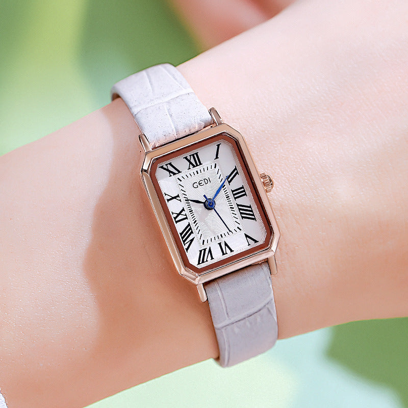 Rose gold case, white dial, grey belt Ladies Quartz Watch - Classic Rectangular, Leather Band