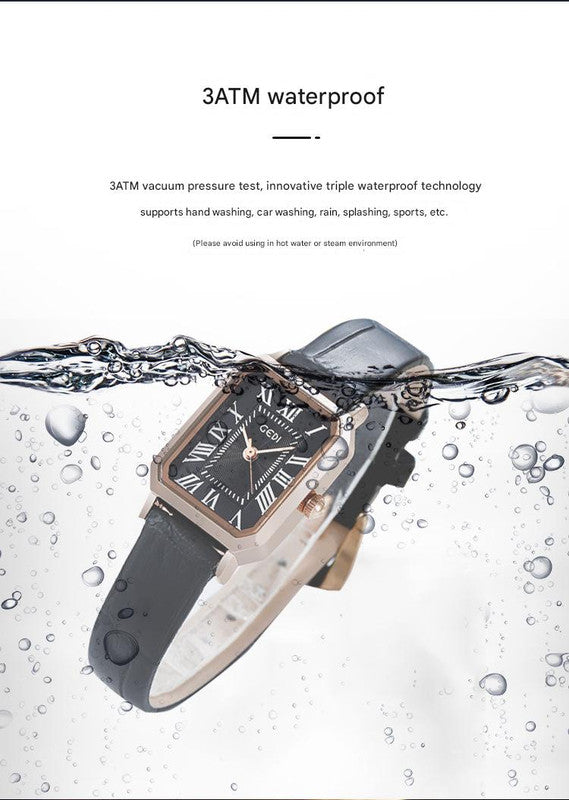 Rose gold case, white dial, grey belt Ladies Quartz Watch - Classic Rectangular, Leather Band