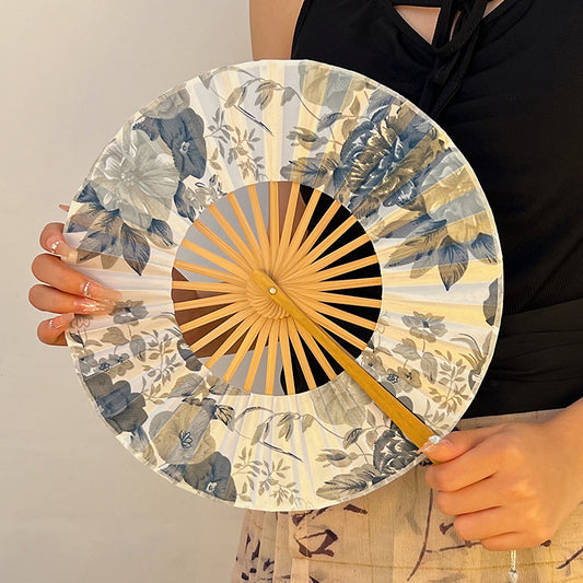2 PCS Floral Bamboo Folding Hand Fan - Traditional Chinese Style Round Folding Design (Elegant ink flower)