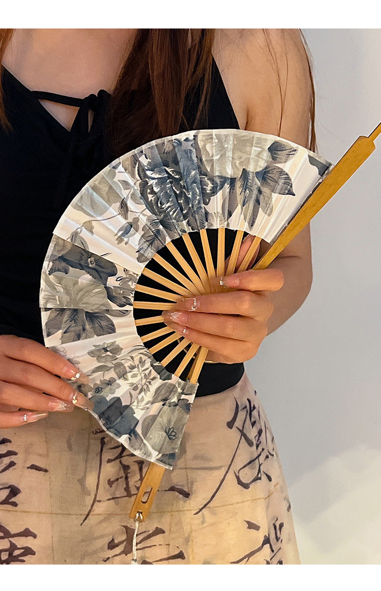 2 PCS Floral Bamboo Folding Hand Fan - Traditional Chinese Style Round Folding Design (Elegant ink flower)