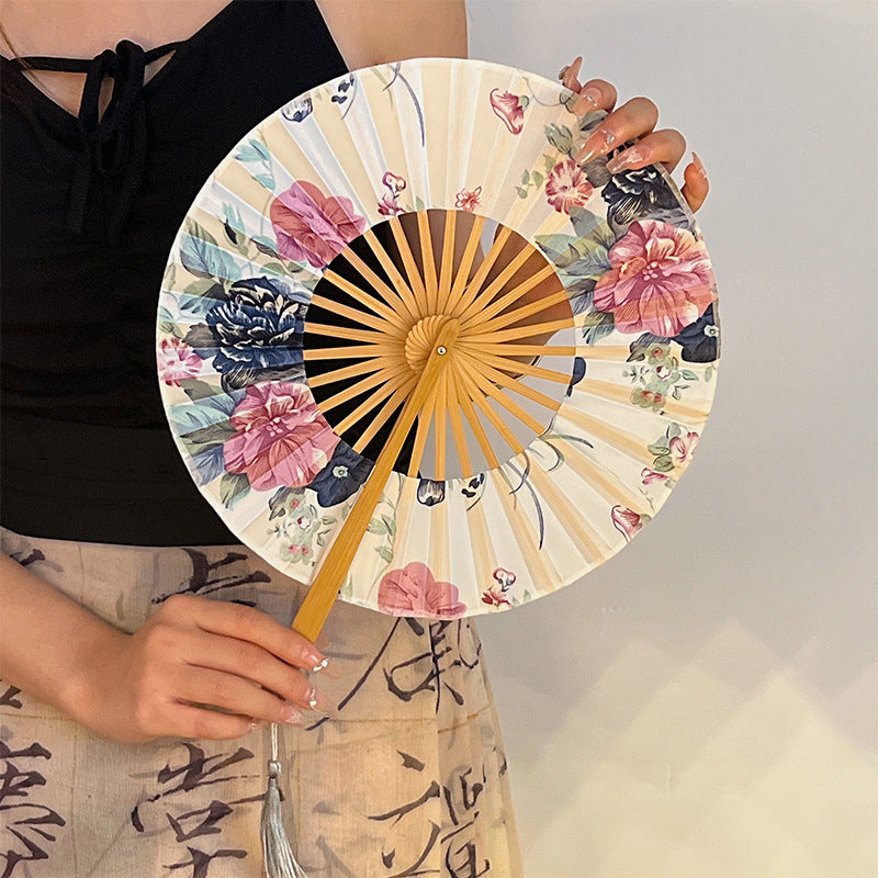 2 PCS Floral Bamboo Folding Hand Fan - Traditional Chinese Style Round Folding Design (Spring in the Garden)