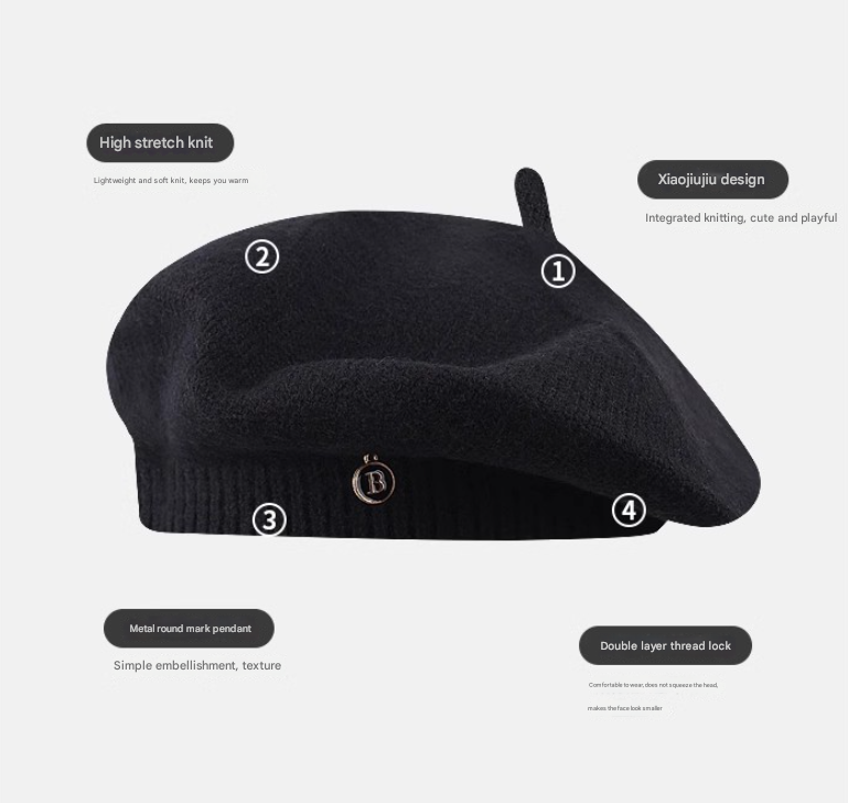 Gray Vintage Inspired Knitted Beret - Stretchy & Comfortable Wool Blend Cap