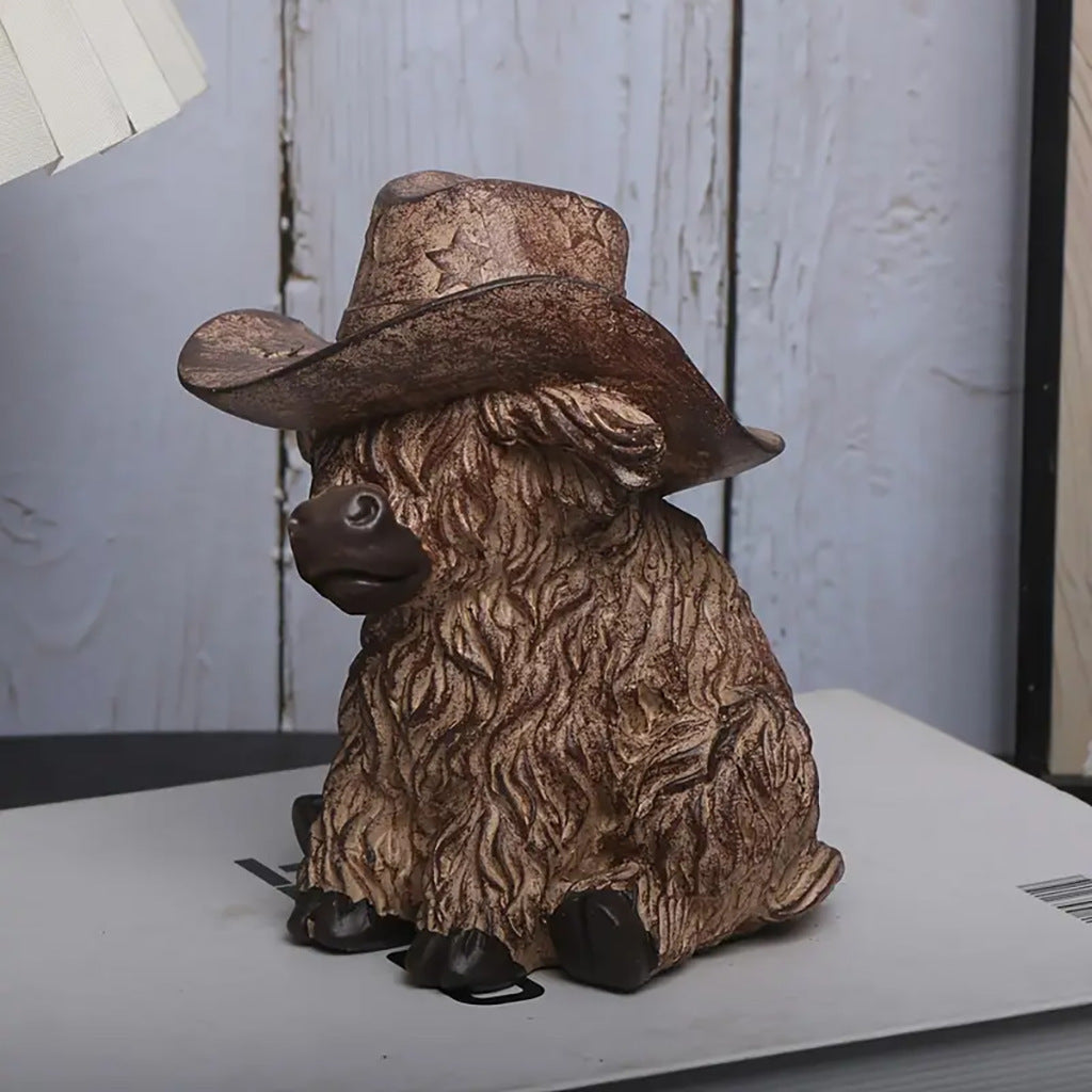 Rustic Highland Cow Statue with Cowboy Hat - Resin Farmhouse Decor