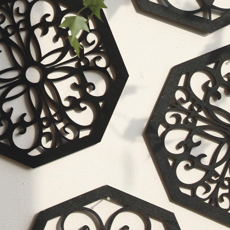 Black Set of 4 Intricate Wooden Octagonal Wall Art - European Style Mandala Decor Plaques