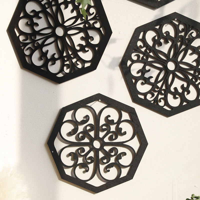 Black Set of 4 Intricate Wooden Octagonal Wall Art - European Style Mandala Decor Plaques
