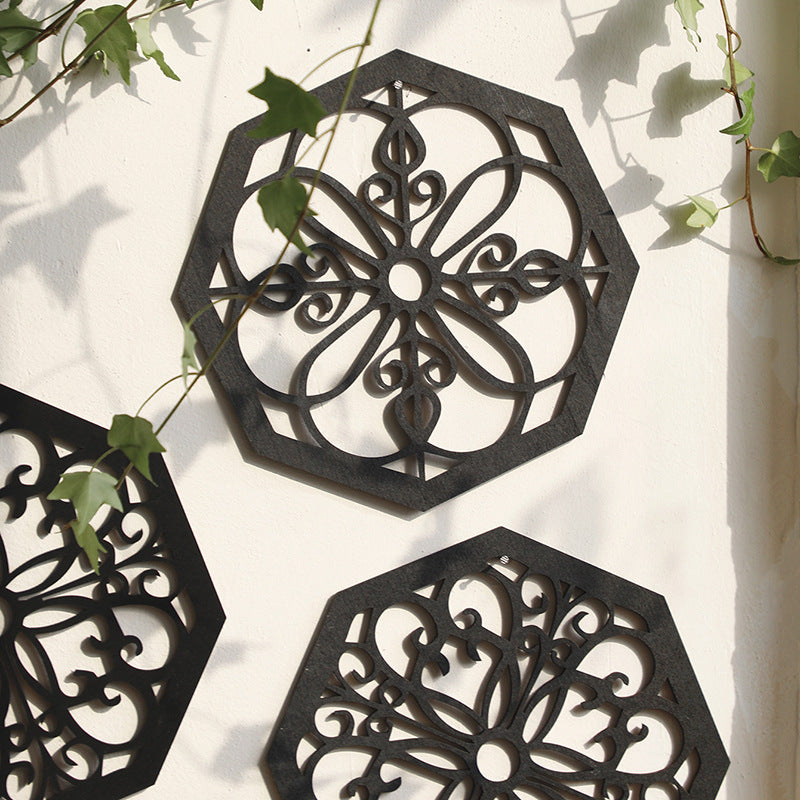 Black Set of 4 Intricate Wooden Octagonal Wall Art - European Style Mandala Decor Plaques