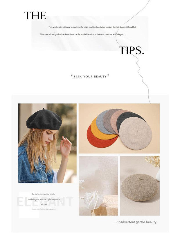 Blue Elegant Wool Beret - Classic Warm Thick British Style Hat for Autumn & Winter