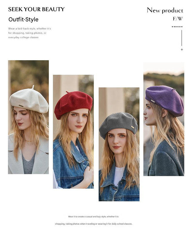 Blue Elegant Wool Beret - Classic Warm Thick British Style Hat for Autumn & Winter