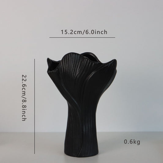 Black Elegant Off-White Ceramic Vase - Modern Sculptural Flower Holder with Wide Fluted Opening