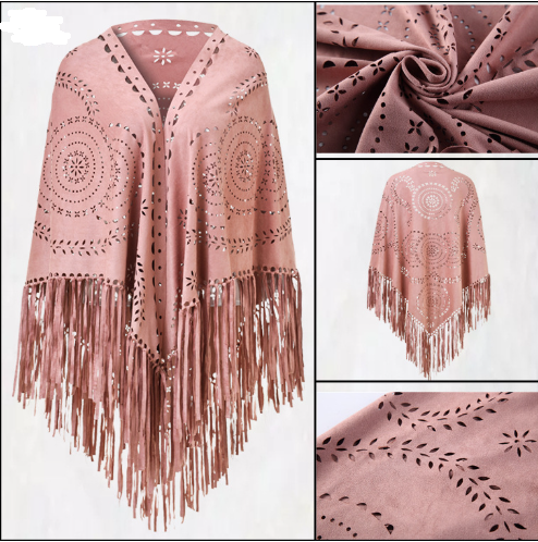 Pink Suede Wheat Tassel Triangle Scarf - Autumn Warm Shawl for Women, Hollow-Out Fringe Design