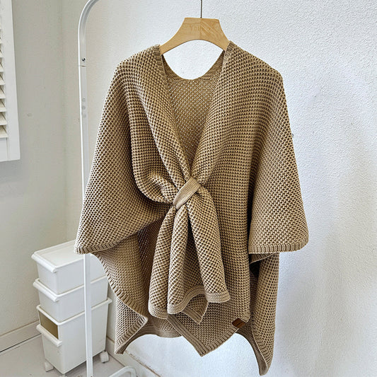 Camel-hair Color Luxurious Faux Cashmere Knitted Cape - Large Buckled 90 x 140 cm Women's Versatile Shawl